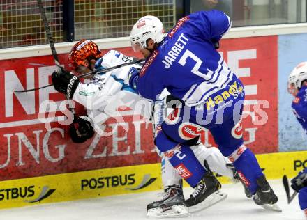 EBEL. Eishockey Bundesliga. EC VSV gegen EHC LIWEST Linz.. Cole Jarrett,  (VSV), Patrick Spannring (EHC LIWEST Linz). Villach, am 13.9.2013.
Foto: Kuess 


---
pressefotos, pressefotografie, kuess, qs, qspictures, sport, bild, bilder, bilddatenbank