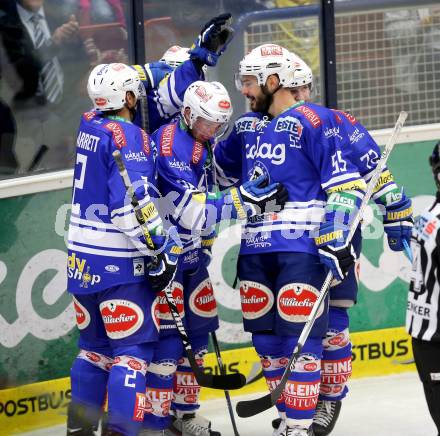 EBEL. Eishockey Bundesliga. EC VSV gegen EHC LIWEST Linz.. Torjubel Derek Ryan, Marco Pewal, John Hughes, Cole Jarrett, Scott Hotham (VSV). Villach, am 13.9.2013.
Foto: Kuess 


---
pressefotos, pressefotografie, kuess, qs, qspictures, sport, bild, bilder, bilddatenbank