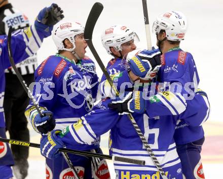 EBEL. Eishockey Bundesliga. EC VSV gegen EHC LIWEST Linz.. Torjubel Mario Altmann, Gerhard Unterluggauer, Curtis Fraser, Benjamin Petrik (VSV). Villach, am 13.9.2013.
Foto: Kuess 


---
pressefotos, pressefotografie, kuess, qs, qspictures, sport, bild, bilder, bilddatenbank