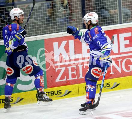 EBEL. Eishockey Bundesliga. EC VSV gegen EHC LIWEST Linz..  Torjubel Derek Ryan,  John Hughes (VSV). Villach, am 13.9.2013.
Foto: Kuess 


---
pressefotos, pressefotografie, kuess, qs, qspictures, sport, bild, bilder, bilddatenbank