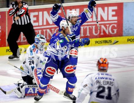 EBEL. Eishockey Bundesliga. EC VSV gegen EHC LIWEST Linz.. Torjubel Curtis Fraser, Brock McBride, Michael Ouzas (VSV). Villach, am 13.9.2013.
Foto: Kuess 


---
pressefotos, pressefotografie, kuess, qs, qspictures, sport, bild, bilder, bilddatenbank