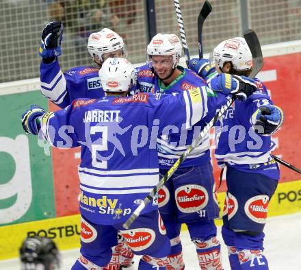 EBEL. Eishockey Bundesliga. EC VSV gegen EHC LIWEST Linz.. Torjubel Derek Ryan, Marco Pewal, John Hughes, Cole Jarrett (VSV). Villach, am 13.9.2013.
Foto: Kuess 


---
pressefotos, pressefotografie, kuess, qs, qspictures, sport, bild, bilder, bilddatenbank