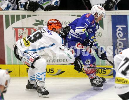 EBEL. Eishockey Bundesliga. EC VSV gegen EHC LIWEST Linz.. Patrick Platzer, (VSV), Andrew Jacob Kozek  (EHC LIWEST Linz). Villach, am 13.9.2013.
Foto: Kuess 


---
pressefotos, pressefotografie, kuess, qs, qspictures, sport, bild, bilder, bilddatenbank