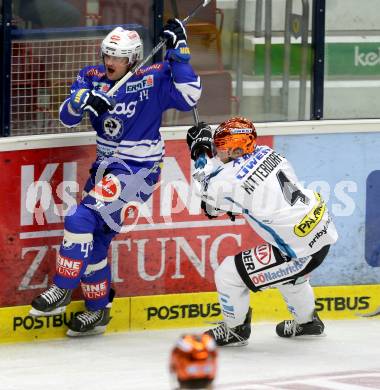 EBEL. Eishockey Bundesliga. EC VSV gegen EHC LIWEST Linz..  Curtis Fraser, (VSV), Daniel Mitterdorfer  (EHC LIWEST Linz). Villach, am 13.9.2013.
Foto: Kuess 


---
pressefotos, pressefotografie, kuess, qs, qspictures, sport, bild, bilder, bilddatenbank