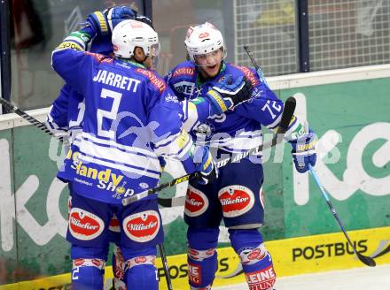 EBEL. Eishockey Bundesliga. EC VSV gegen EHC LIWEST Linz.. Torjubel Derek Ryan, Marco Pewal, John Hughes, Cole Jarrett  (VSV). Villach, am 13.9.2013.
Foto: Kuess 


---
pressefotos, pressefotografie, kuess, qs, qspictures, sport, bild, bilder, bilddatenbank