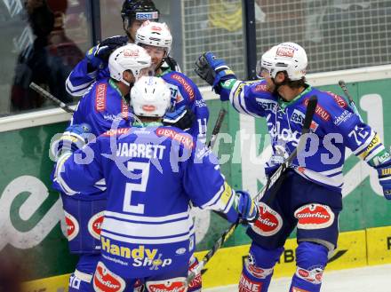 EBEL. Eishockey Bundesliga. EC VSV gegen EHC LIWEST Linz.. Torjubel Derek Ryan, Marco Pewal, John Hughes, Cole Jarrett (VSV). Villach, am 13.9.2013.
Foto: Kuess 


---
pressefotos, pressefotografie, kuess, qs, qspictures, sport, bild, bilder, bilddatenbank