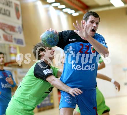 HLA. Handball. SC Ferlach gegen SG INSIGNIS HANDBALL WESTWIEN. Dean Pomorisac, (Ferlach), Robert Machinek (Westwien). Ferlach, am 14.9.2013.
Foto: Kuess 
---
pressefotos, pressefotografie, kuess, qs, qspictures, sport, bild, bilder, bilddatenbank