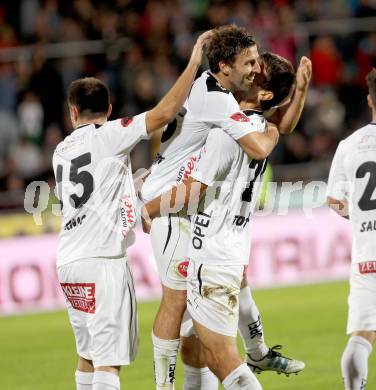 Fussball Bundesliga. RZ Pellets WAC gegen FC Admira Wacker Moedling. Torjubel Mihret Topcagic, Joachim Standfest, Nemanja Rnic (WAC). Wolfsberg, 14.9.2013.
Foto: Kuess

---
pressefotos, pressefotografie, kuess, qs, qspictures, sport, bild, bilder, bilddatenbank