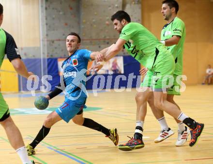 HLA. Handball. SC Ferlach gegen SG INSIGNIS HANDBALL WESTWIEN. Izudin Mujanovic,  (Ferlach), Markus Wagesreiter (Westwien). Ferlach, am 14.9.2013.
Foto: Kuess 
---
pressefotos, pressefotografie, kuess, qs, qspictures, sport, bild, bilder, bilddatenbank