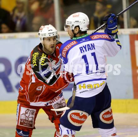 EBEL. Eishockey Bundesliga. KAC gegen VSV. Herbert Ratz, (KAC),  Derek Ryan  (VSV). Klagenfurt, am 15.9.2013
Foto: Kuess 

---
pressefotos, pressefotografie, kuess, qs, qspictures, sport, bild, bilder, bilddatenbank