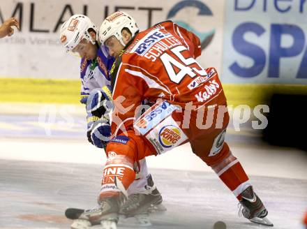 EBEL. Eishockey Bundesliga. KAC gegen VSV.  David Schuller, (KAC), Marco Pewal  (VSV). Klagenfurt, am 15.9.2013
Foto: Kuess 

---
pressefotos, pressefotografie, kuess, qs, qspictures, sport, bild, bilder, bilddatenbank