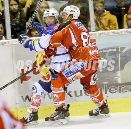 EBEL. Eishockey Bundesliga. KAC gegen VSV. Maximilian Isopp, (KAC),  Derek Ryan  (VSV). Klagenfurt, am 15.9.2013
Foto: Kuess 

---
pressefotos, pressefotografie, kuess, qs, qspictures, sport, bild, bilder, bilddatenbank