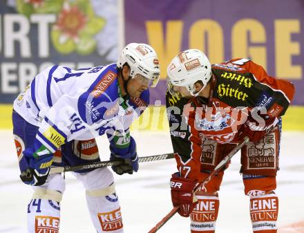 EBEL. Eishockey Bundesliga. KAC gegen VSV. Colton Fretter, (KAC), Curtis Fraser  (VSV). Klagenfurt, am 15.9.2013
Foto: Kuess 

---
pressefotos, pressefotografie, kuess, qs, qspictures, sport, bild, bilder, bilddatenbank