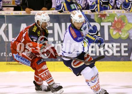 EBEL. Eishockey Bundesliga. KAC gegen VSV. Paul Schellander, (KAC),  John Hughes  (VSV). Klagenfurt, am 15.9.2013
Foto: Kuess 

---
pressefotos, pressefotografie, kuess, qs, qspictures, sport, bild, bilder, bilddatenbank