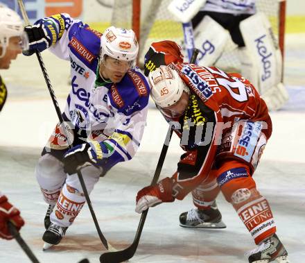 EBEL. Eishockey Bundesliga. KAC gegen VSV. David Schuller, (KAC),  Brock McBride  (VSV). Klagenfurt, am 15.9.2013
Foto: Kuess 

---
pressefotos, pressefotografie, kuess, qs, qspictures, sport, bild, bilder, bilddatenbank