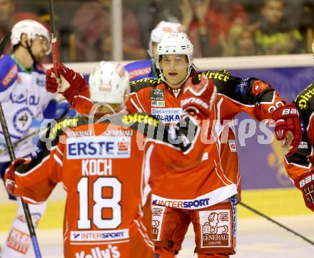 EBEL. Eishockey Bundesliga. KAC gegen VSV. Torjubel Thomas Koch, John Lammers (KAC). Klagenfurt, am 15.9.2013
Foto: Kuess 

---
pressefotos, pressefotografie, kuess, qs, qspictures, sport, bild, bilder, bilddatenbank