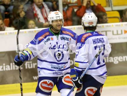 EBEL. Eishockey Bundesliga. KAC gegen VSV. Torjubel John Hughes, Rodney Coleman Jarrett (VSV). Klagenfurt, am 15.9.2013
Foto: Kuess 

---
pressefotos, pressefotografie, kuess, qs, qspictures, sport, bild, bilder, bilddatenbank