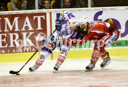 EBEL. Eishockey Bundesliga. KAC gegen VSV. Johannes Reichel, (KAC),  Alexander Rauchenwald  (VSV). Klagenfurt, am 15.9.2013
Foto: Kuess 

---
pressefotos, pressefotografie, kuess, qs, qspictures, sport, bild, bilder, bilddatenbank