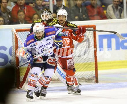 EBEL. Eishockey Bundesliga. KAC gegen VSV. Johannes Reichel, (KAC),  Scott Hotham  (VSV). Klagenfurt, am 15.9.2013
Foto: Kuess 

---
pressefotos, pressefotografie, kuess, qs, qspictures, sport, bild, bilder, bilddatenbank