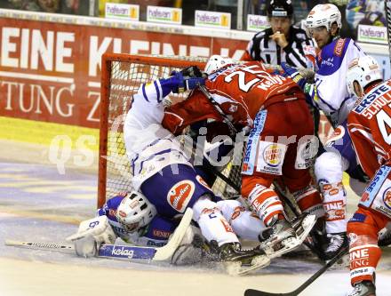 EBEL. Eishockey Bundesliga. KAC gegen VSV. Kirk Furey, (KAC), Jean Philippe Lamoureux, Rodney Jarrett  (VSV). Klagenfurt, am 15.9.2013
Foto: Kuess 

---
pressefotos, pressefotografie, kuess, qs, qspictures, sport, bild, bilder, bilddatenbank