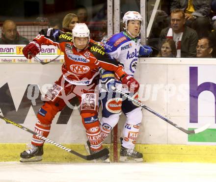 EBEL. Eishockey Bundesliga. KAC gegen VSV. Florian Iberer, (KAC), Brock McBride  (VSV). Klagenfurt, am 15.9.2013
Foto: Kuess 

---
pressefotos, pressefotografie, kuess, qs, qspictures, sport, bild, bilder, bilddatenbank