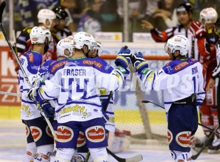 EBEL. Eishockey Bundesliga. KAC gegen VSV.  Torjubel  John HUghes, Scott Hotham, Gerhard Unterluggauer, Markus Peintner, Curtis Fraser, Derek Ryan (VSV). Klagenfurt, am 15.9.2013
Foto: Kuess 

---
pressefotos, pressefotografie, kuess, qs, qspictures, sport, bild, bilder, bilddatenbank