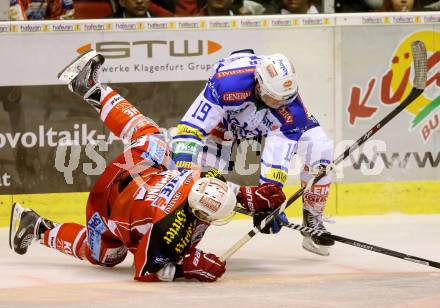 EBEL. Eishockey Bundesliga. KAC gegen VSV. Markus Pirmann, (KAC),  Stefan Bacher  (VSV). Klagenfurt, am 15.9.2013
Foto: Kuess 

---
pressefotos, pressefotografie, kuess, qs, qspictures, sport, bild, bilder, bilddatenbank