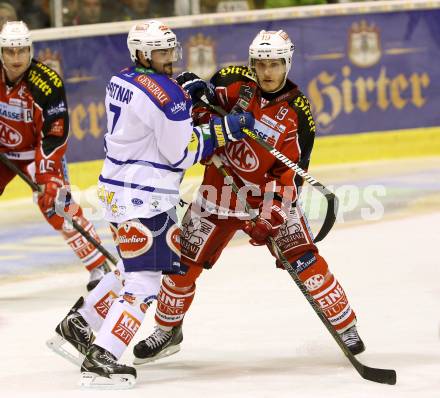 EBEL. Eishockey Bundesliga. KAC gegen VSV. Stephan Geier, (KAC), Klemen Pretnar  (VSV). Klagenfurt, am 15.9.2013
Foto: Kuess 

---
pressefotos, pressefotografie, kuess, qs, qspictures, sport, bild, bilder, bilddatenbank