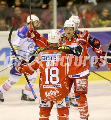 EBEL. Eishockey Bundesliga. KAC gegen VSV. Torjubel Thomas Koch, John Lammers (KAC). Klagenfurt, am 15.9.2013
Foto: Kuess 

---
pressefotos, pressefotografie, kuess, qs, qspictures, sport, bild, bilder, bilddatenbank