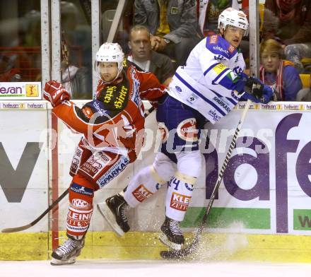 EBEL. Eishockey Bundesliga. KAC gegen VSV. Johannes Reichel, (KAC),  Curtis Fraser  (VSV). Klagenfurt, am 15.9.2013
Foto: Kuess 

---
pressefotos, pressefotografie, kuess, qs, qspictures, sport, bild, bilder, bilddatenbank