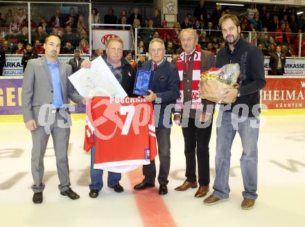 EBEL. Eishockey Bundesliga. KAC gegen VSV.  Ehrung Sepp Puschnig zum Jahrhundert Eishockey Spieler. Sepp Puschnig, Dieter Kalt, Karl Nedwed, Fredi Marketz. Klagenfurt, am 15.9.2013
Foto: Kuess 

---
pressefotos, pressefotografie, kuess, qs, qspictures, sport, bild, bilder, bilddatenbank