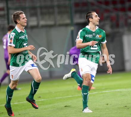 Fussball. Regionalliga. SK Austria Klagenfurt gegen Wallern. Torjubel Sinisa Markovic, Rene Renner  (Wallern). Klagenfurt, 20.9.2013.
Foto: Kuess
---
pressefotos, pressefotografie, kuess, qs, qspictures, sport, bild, bilder, bilddatenbank