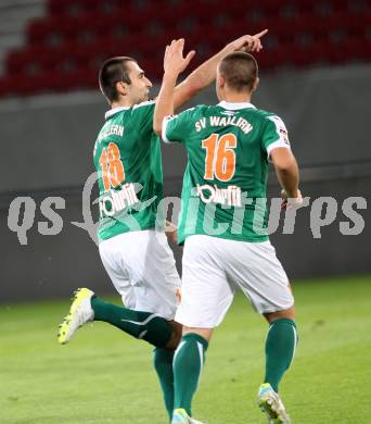 Fussball. Regionalliga. SK Austria Klagenfurt gegen Wallern. Torjubel Sinisa Markovic, Lukas Grgic  (Wallern). Klagenfurt, 20.9.2013.
Foto: Kuess
---
pressefotos, pressefotografie, kuess, qs, qspictures, sport, bild, bilder, bilddatenbank