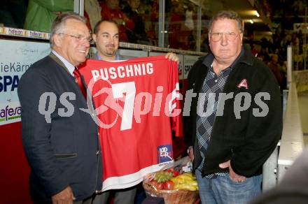 EBEL. Eishockey Bundesliga. KAC gegen VSV. Dieter Kalt, Sepp Puschnig (KAC). Klagenfurt, am 15.9.2013
Foto: Kuess 

---
pressefotos, pressefotografie, kuess, qs, qspictures, sport, bild, bilder, bilddatenbank