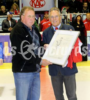 EBEL. Eishockey Bundesliga. KAC gegen VSV. Sepp Puschnig, Dieter kalt (KAC). Klagenfurt, am 15.9.2013
Foto: Kuess 

---
pressefotos, pressefotografie, kuess, qs, qspictures, sport, bild, bilder, bilddatenbank