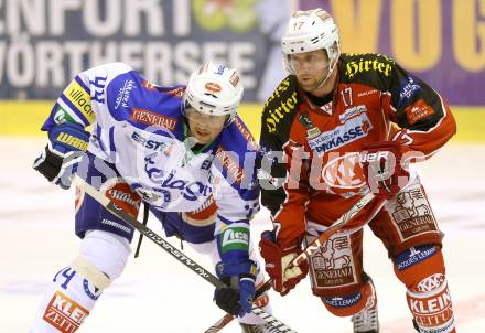 EBEL. Eishockey Bundesliga. KAC gegen VSV. Colton Fretter, (KAC), Curtis Fraser  (VSV). Klagenfurt, am 15.9.2013
Foto: Kuess 

---
pressefotos, pressefotografie, kuess, qs, qspictures, sport, bild, bilder, bilddatenbank