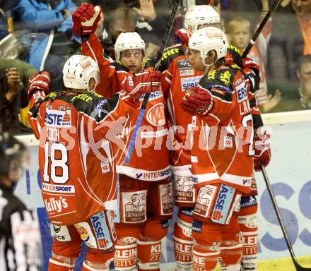 EBEL. Eishockey Bundesliga. KAC gegen Moser Medical Graz 99ers.  Torjubel  (KAC). Klagenfurt, am 22.9.2013
Foto: Kuess 

---
pressefotos, pressefotografie, kuess, qs, qspictures, sport, bild, bilder, bilddatenbank