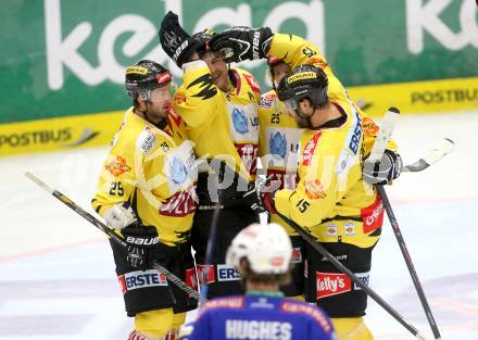 EBEL. Eishockey Bundesliga. EC VSV gegen UPC Vienna Capitals. Torjubel Jonathan Ferland, Benoit Gratton, Sven Klimbacher, Francois Fortier (Vienna). Villach, am 22.9.2013.
Foto: Kuess 


---
pressefotos, pressefotografie, kuess, qs, qspictures, sport, bild, bilder, bilddatenbank