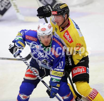 EBEL. Eishockey Bundesliga. EC VSV gegen UPC Vienna Capitals.  Brock McBride,  (VSV), Marcus Olsson (Vienna). Villach, am 22.9.2013.
Foto: Kuess 


---
pressefotos, pressefotografie, kuess, qs, qspictures, sport, bild, bilder, bilddatenbank