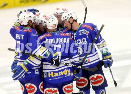 EBEL. Eishockey Bundesliga. EC VSV gegen UPC Vienna Capitals.  Torjubel John HUghes, Cole Jarrett, Gerhard Unterluggauer, Markus Peintner, Derek Ryan (VSV). Villach, am 22.9.2013.
Foto: Kuess 


---
pressefotos, pressefotografie, kuess, qs, qspictures, sport, bild, bilder, bilddatenbank