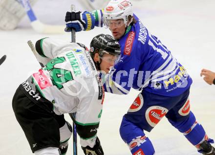 EBEL. Eishockey Bundesliga. EC VSV gegen HDD Telemach Olimpija Ljubljana. Brock McBride,  (VSV), Jeff Ulmer (Laibach). Villach, am 29.9.2013.
Foto: Kuess 


---
pressefotos, pressefotografie, kuess, qs, qspictures, sport, bild, bilder, bilddatenbank