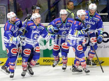 EBEL. Eishockey Bundesliga. EC VSV gegen HDD Telemach Olimpija Ljubljana. Torjubel Alexander Rauchenwald, Patrick Platzer, Benjamin Petrik, Stefan Bacher, Nico Brunner (VSV). Villach, am 29.9.2013.
Foto: Kuess 


---
pressefotos, pressefotografie, kuess, qs, qspictures, sport, bild, bilder, bilddatenbank