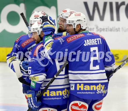 EBEL. Eishockey Bundesliga. EC VSV gegen HDD Telemach Olimpija Ljubljana. Torjubel John Hughes, Gerhard Unterluggauer, Markus Peintner, Cole Jarrett (VSV). Villach, am 29.9.2013.
Foto: Kuess 


---
pressefotos, pressefotografie, kuess, qs, qspictures, sport, bild, bilder, bilddatenbank