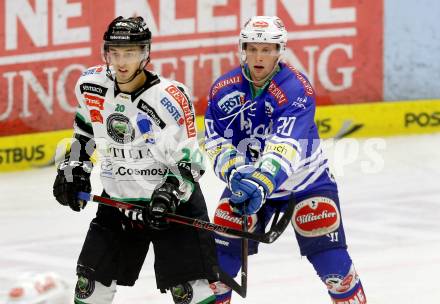 EBEL. Eishockey Bundesliga. EC VSV gegen HDD Telemach Olimpija Ljubljana. Nico Brunner, (VSV),  Gregor Koblar (Laibach). Villach, am 29.9.2013.
Foto: Kuess 


---
pressefotos, pressefotografie, kuess, qs, qspictures, sport, bild, bilder, bilddatenbank