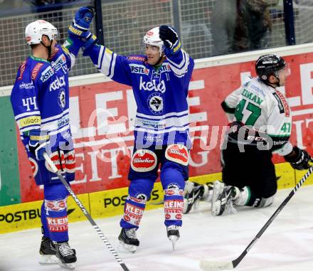 EBEL. Eishockey Bundesliga. EC VSV gegen HDD Telemach Olimpija Ljubljana. Torjubel Curtis Fraser, Brock McBride (VSV). Villach, am 29.9.2013.
Foto: Kuess 


---
pressefotos, pressefotografie, kuess, qs, qspictures, sport, bild, bilder, bilddatenbank