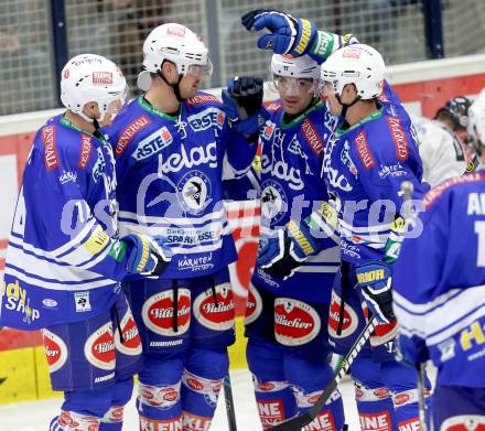 EBEL. Eishockey Bundesliga. EC VSV gegen HDD Telemach Olimpija Ljubljana. Torjubel Curtis Fraser, Brock McBride, Daniel Nageler, Klemen Pretnar (VSV). Villach, am 29.9.2013.
Foto: Kuess 


---
pressefotos, pressefotografie, kuess, qs, qspictures, sport, bild, bilder, bilddatenbank