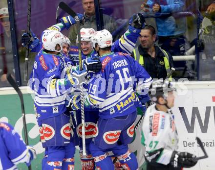 EBEL. Eishockey Bundesliga. EC VSV gegen HDD Telemach Olimpija Ljubljana. Torjubel Alexander Rauchenwald, Patrick Platzer, Benjamin Petrik, Stefan Bacher (VSV). Villach, am 29.9.2013.
Foto: Kuess 


---
pressefotos, pressefotografie, kuess, qs, qspictures, sport, bild, bilder, bilddatenbank