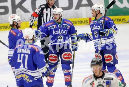 EBEL. Eishockey Bundesliga. EC VSV gegen HDD Telemach Olimpija Ljubljana. Torjubel Curtis Fraser, Klemen Pretnar, John Hughes, Mario Altmann (VSV). Villach, am 29.9.2013.
Foto: Kuess 


---
pressefotos, pressefotografie, kuess, qs, qspictures, sport, bild, bilder, bilddatenbank