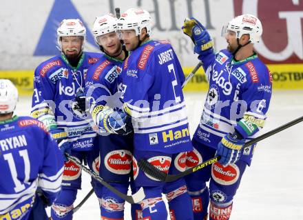 EBEL. Eishockey Bundesliga. EC VSV gegen HDD Telemach Olimpija Ljubljana. Torjubel John Hughes, Markus Peintner, Cole Jarrett, Gerhard Unterluggauer (VSV). Villach, am 29.9.2013.
Foto: Kuess 


---
pressefotos, pressefotografie, kuess, qs, qspictures, sport, bild, bilder, bilddatenbank