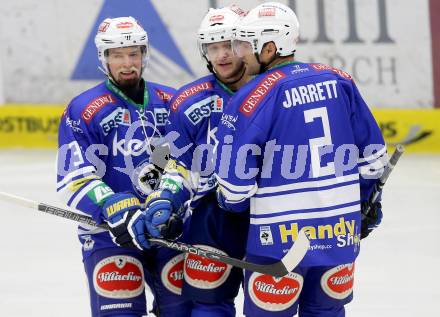 EBEL. Eishockey Bundesliga. EC VSV gegen HDD Telemach Olimpija Ljubljana. Torjubel John Hughes, Markus Peintner, Cole Jarrett (VSV). Villach, am 29.9.2013.
Foto: Kuess 


---
pressefotos, pressefotografie, kuess, qs, qspictures, sport, bild, bilder, bilddatenbank